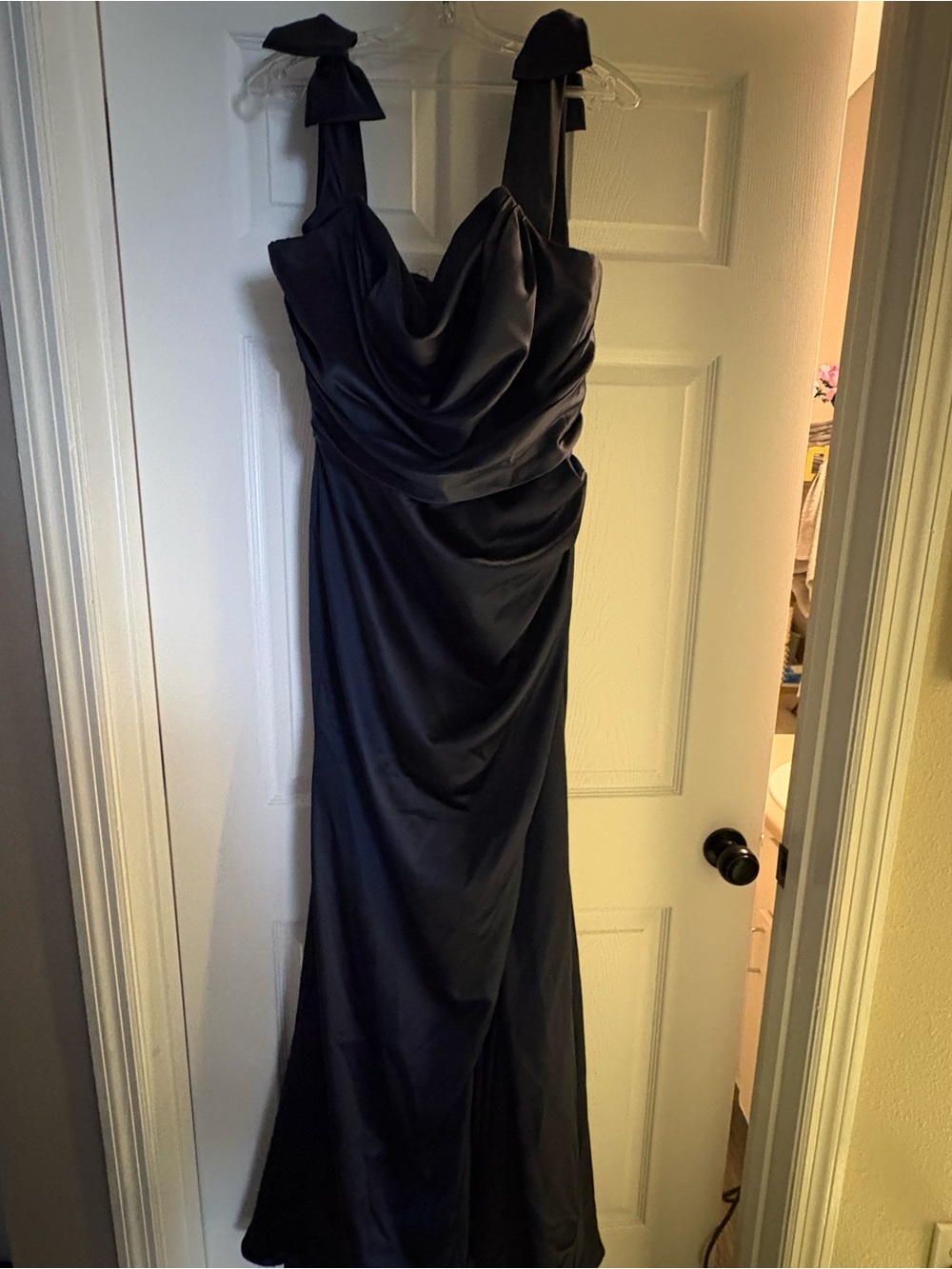 Navy Satin Maxi Dress with Bow Shoulder Straps